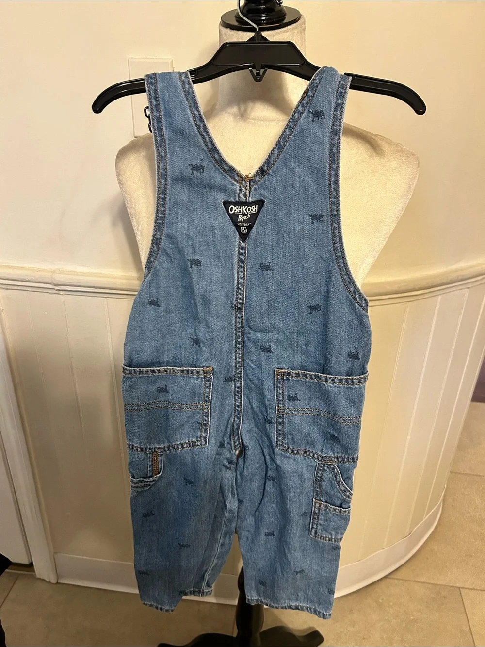 OshKosh B'gosh Toddler 2T Denim Train Print Overalls Retro Light Wash Jeans